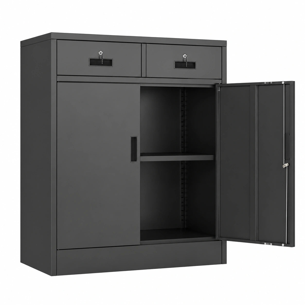 Stahlschrank mit Doppeltür, abschließbar, inklusive 2 Schubladen und verstellbarem Einlegeboden, für Büro und Garage, schwarz 90x80x40 cm