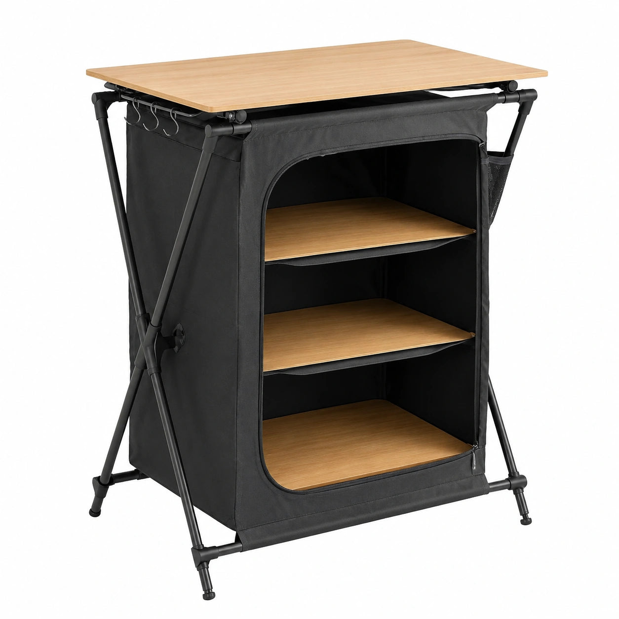 Stagecaptain Faltbarer Campingschrank mit Bambustisch - Robustes Aluminiumgestell für Outdoor, Wohnwagen und Garten