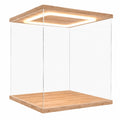 Acryl Vitrine mit LED, Staubdichte Box mit Tür und Sockel, Transparent für Sammlerobjekte, 25x25x15 cm