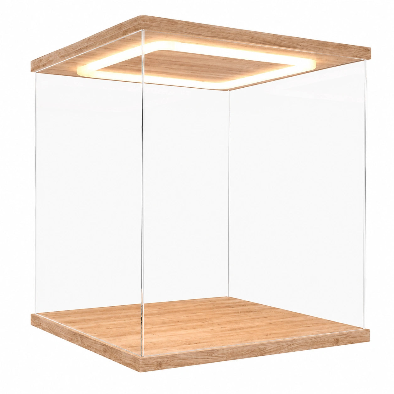 Acryl Vitrine mit LED, Staubdichte Box mit Tür und Sockel, Transparent für Sammlerobjekte, 25x25x15 cm