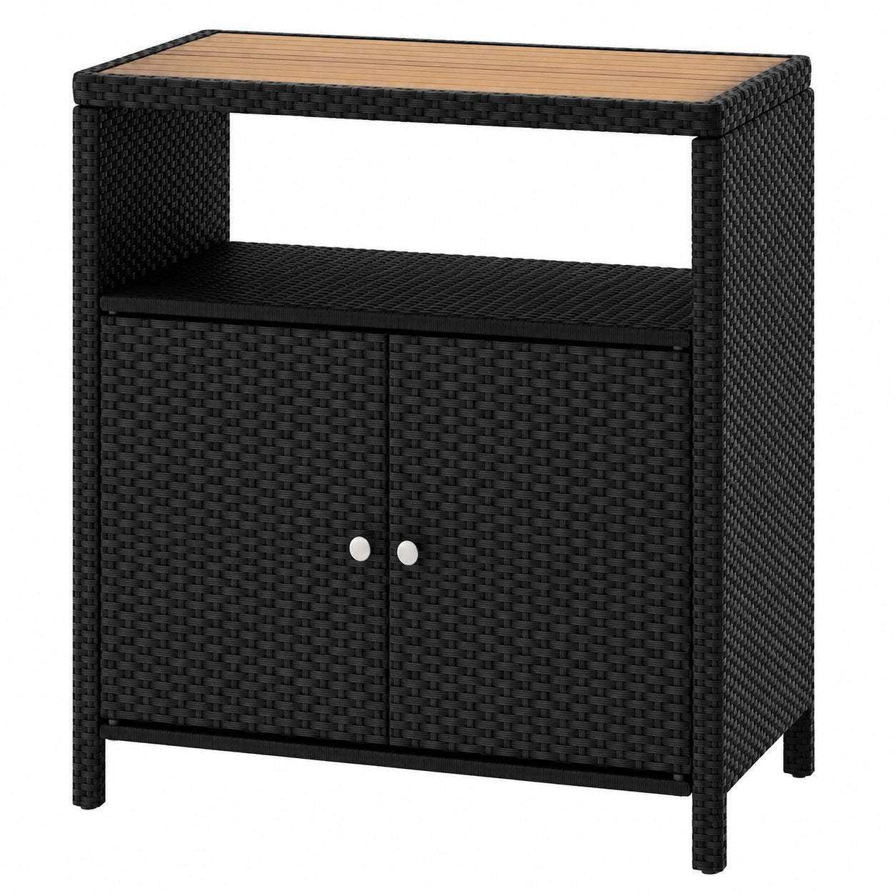 Gartenschrank aus Rattan mit Akazienholz-Arbeitsplatte, doppelter Tür, 90x53x86 cm, schwarz