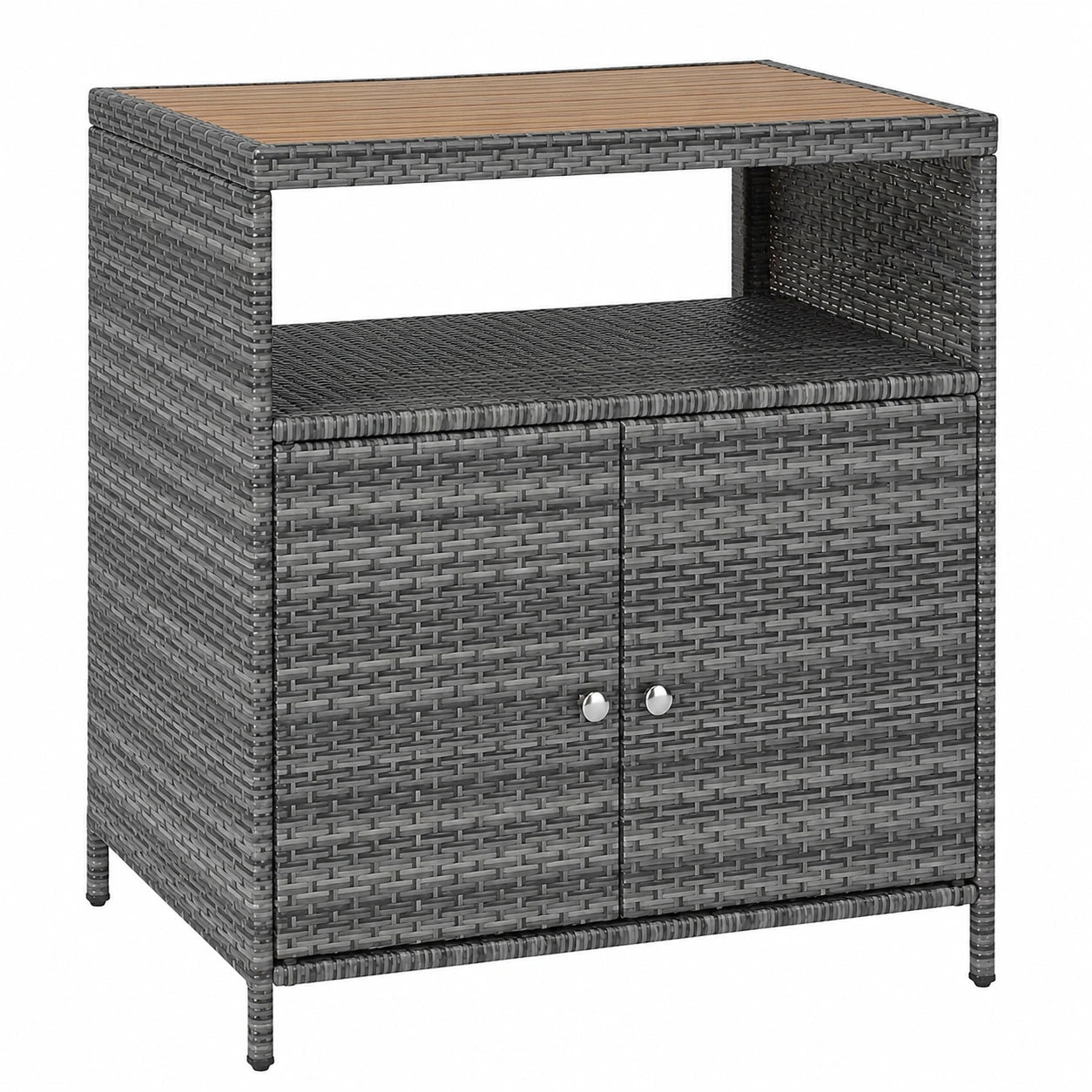 LIFEZEAL Rattan Gartenschrank mit Akazienholzoberfläche, vielseitiger Aufbewahrungsschrank für Küche und Terrasse, 90 x 53 x 86 cm, Grau