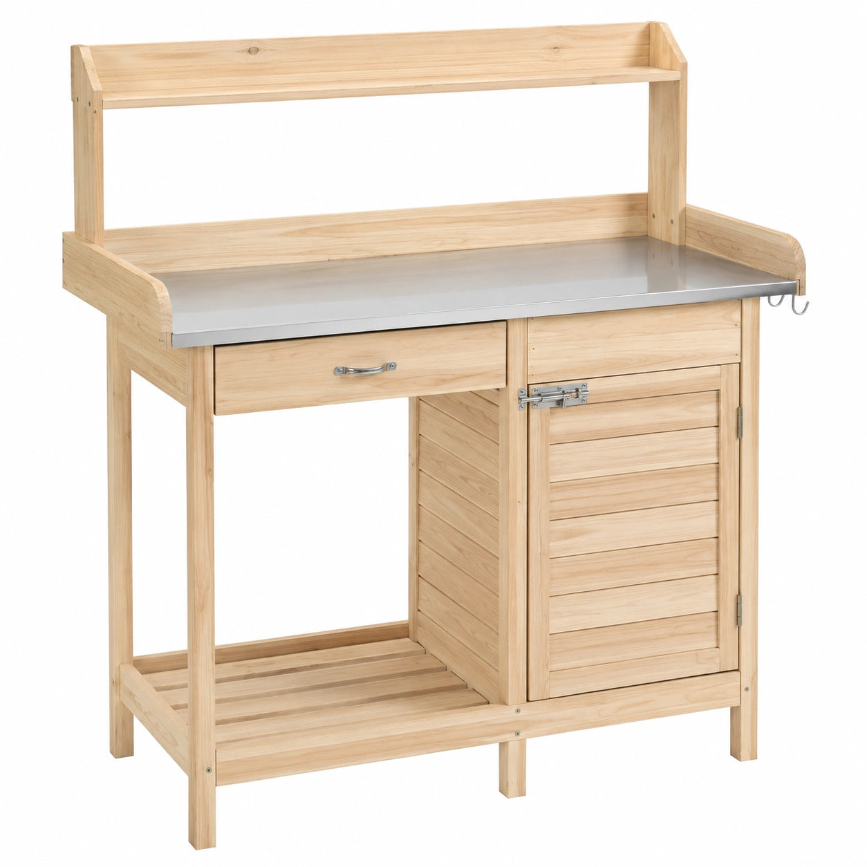 Gärtnertisch aus Holz mit Metallplatte und Schublade für den Garten