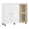 Vladon Sideboard Denjo, Modernes Design, 3 Türen, Weiß Matt/Hochglanz, Eiche Natur, 107x81x35 cm