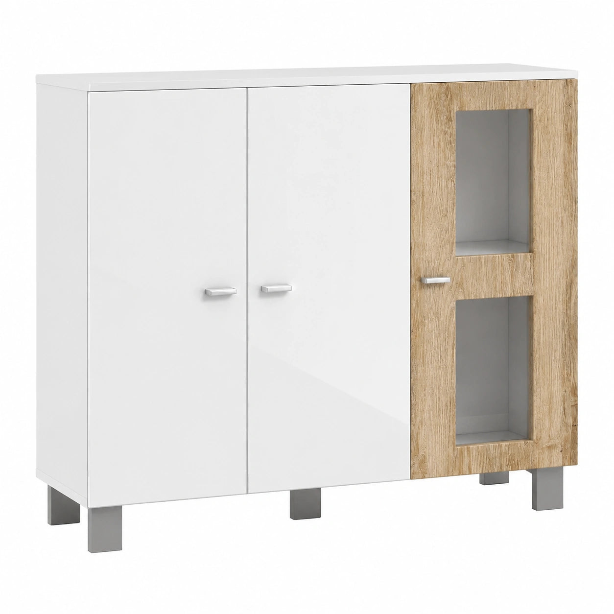 Vladon Sideboard Denjo, Modernes Design, 3 Türen, Weiß Matt/Hochglanz, Eiche Natur, 107x81x35 cm