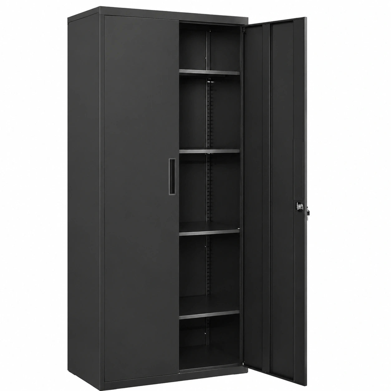 Schwarzer Stahlschrank mit Schloss und verstellbaren Böden für Büro und Garage