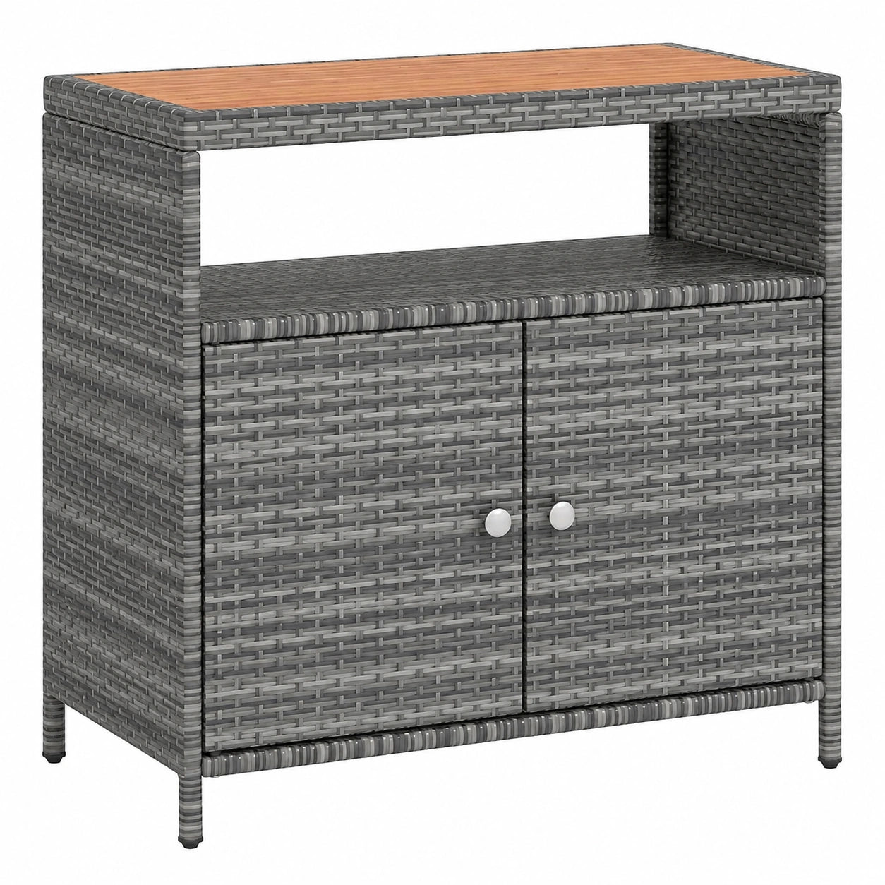 Hochwertiger Gartenschrank aus Rattan mit Akazienholzplatte für Terrasse, mit Doppeltür und offenem Fach, wetterfester Außenschrank in Grau, 90 x 53 x 86 cm