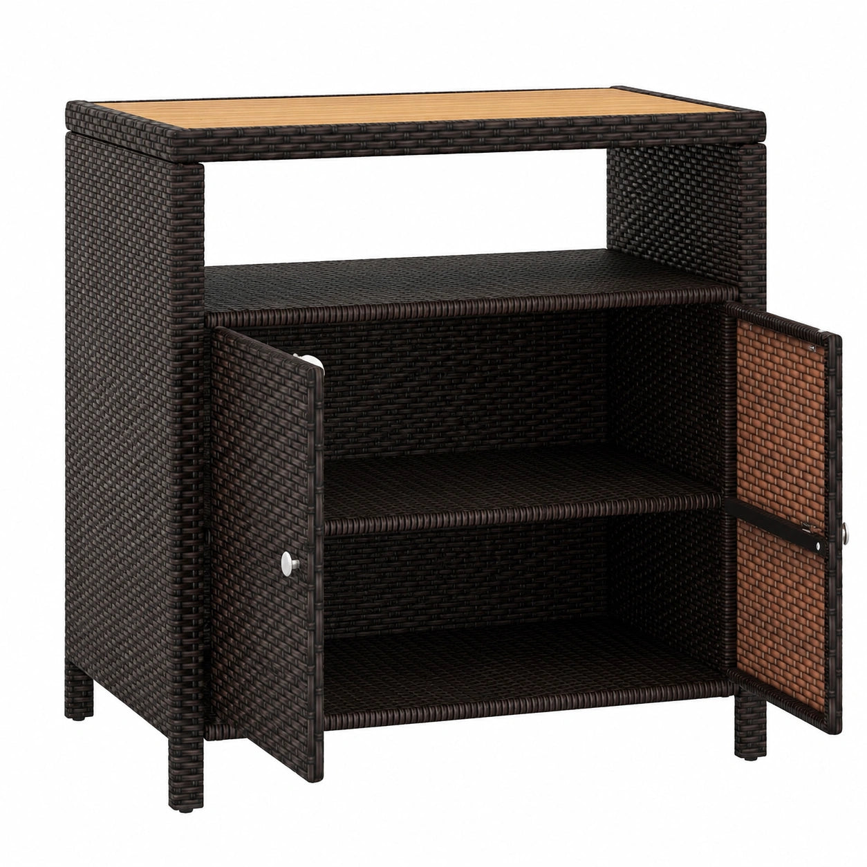 Robuster Rattan Gartenschrank mit Akazienholz-Arbeitsplatte und Doppeltür für Außenbereiche