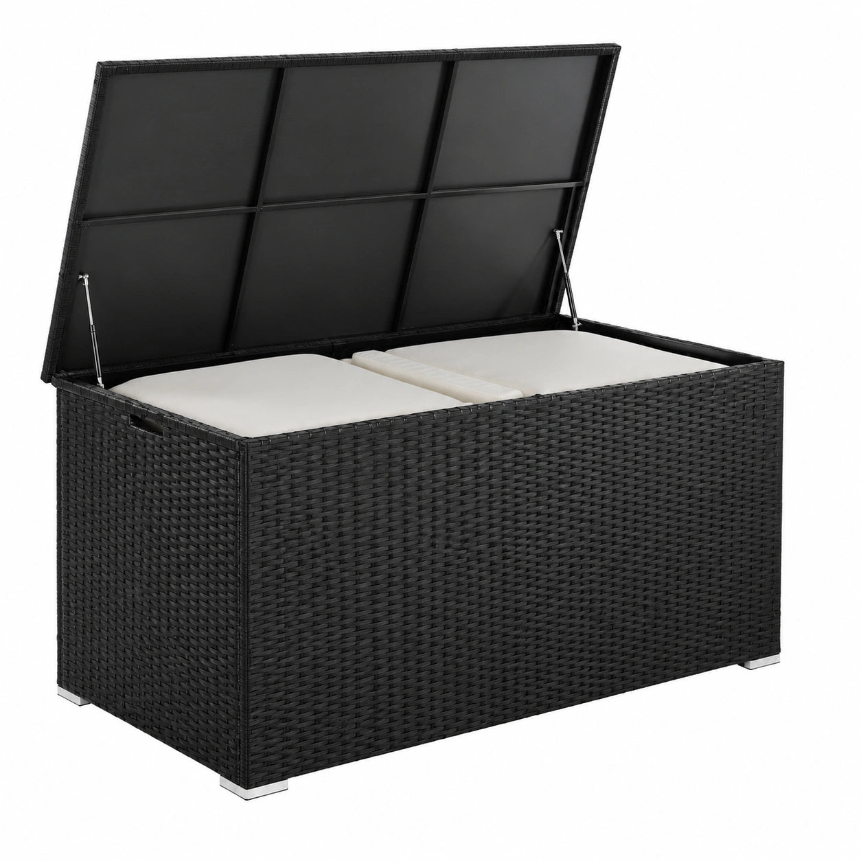 Garten-Auflagenbox aus Aluminium Polyrattan, wetterfest, 750L, mit Gasdruckfedern und UV-Schutz, 145x82,5x79,5 cm, schwarz