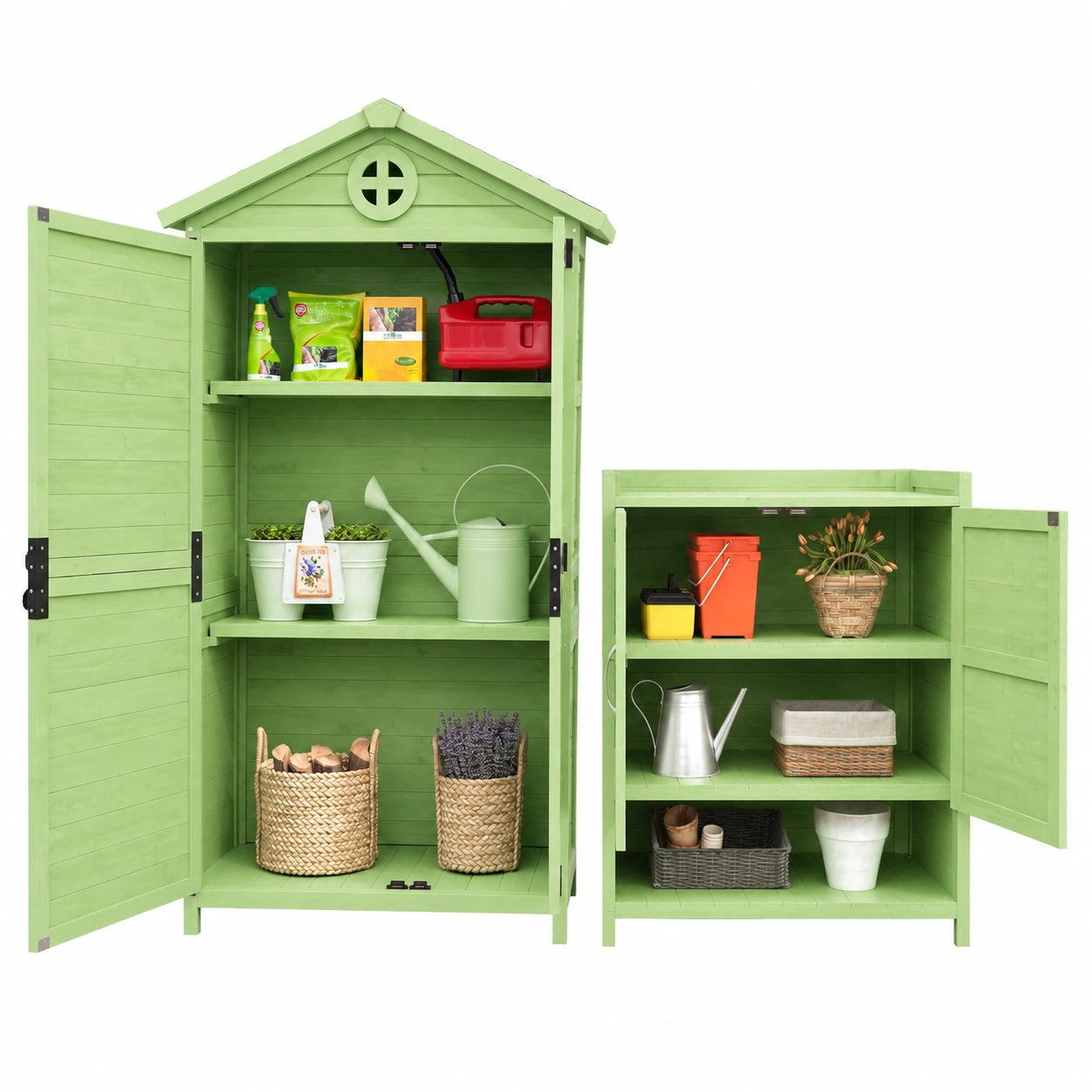 Outdoor Holz Geräteschrank Set mit großem und zwei kleinen Schränken für Garten und Balkon, Wetterfest (Grün A+B)