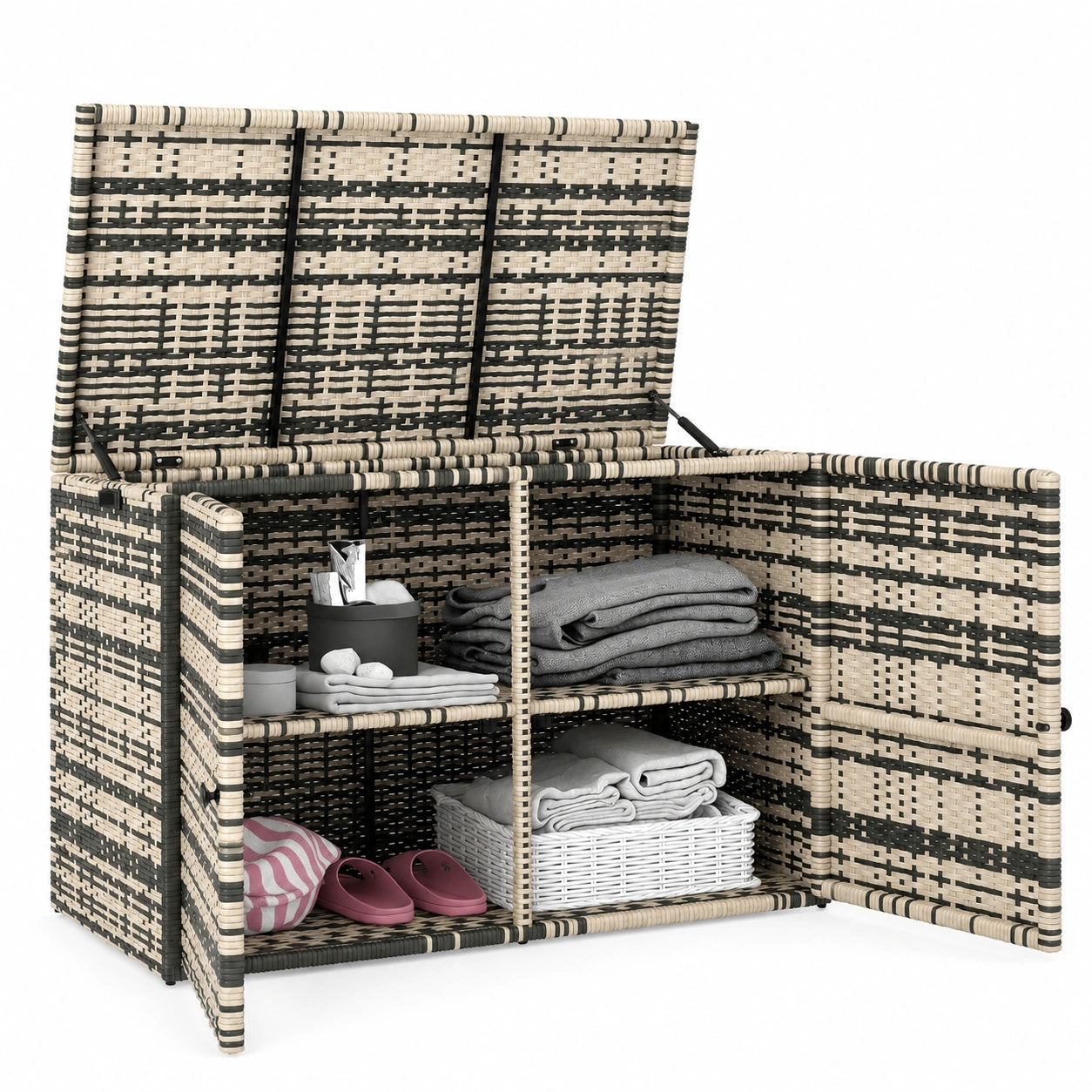 Outsunny Wetterfeste Rattan Auflagenbox 350L mit Hebestangen und UV-Schutz, Garten-Truhe für Terrasse und Balkon, 118x57x69 cm, Mischgrau